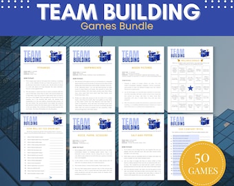 May include: A bundle of team-building games with the text "TEAM BUILDING Games Bundle" at the top. The image shows eight different game sheets with titles like "Pyramids", "Shipwrecked", and "Rock, Paper, Scissors". A yellow circle displays "50 GAMES".