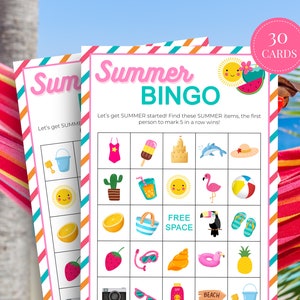 Cartelle stampabili per il bingo estivo, divertenti giochi estivi, attività estive per bambini, bingo estivo per bambini, giochi del campo estivo, giochi da viaggio