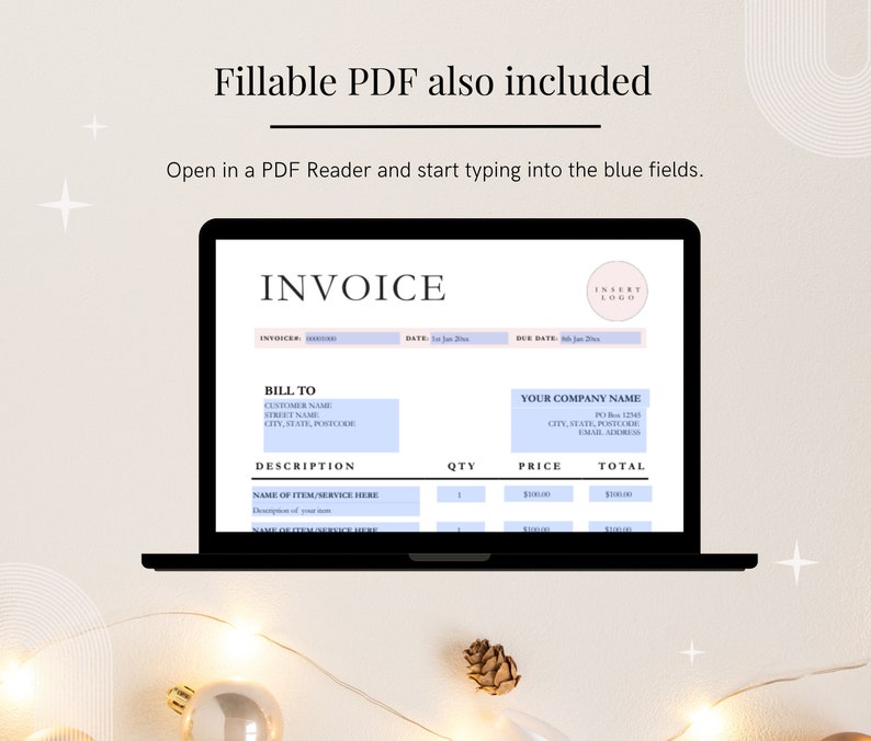 Computer screen with image of Fillable PDF Template option next to sparkling lights.