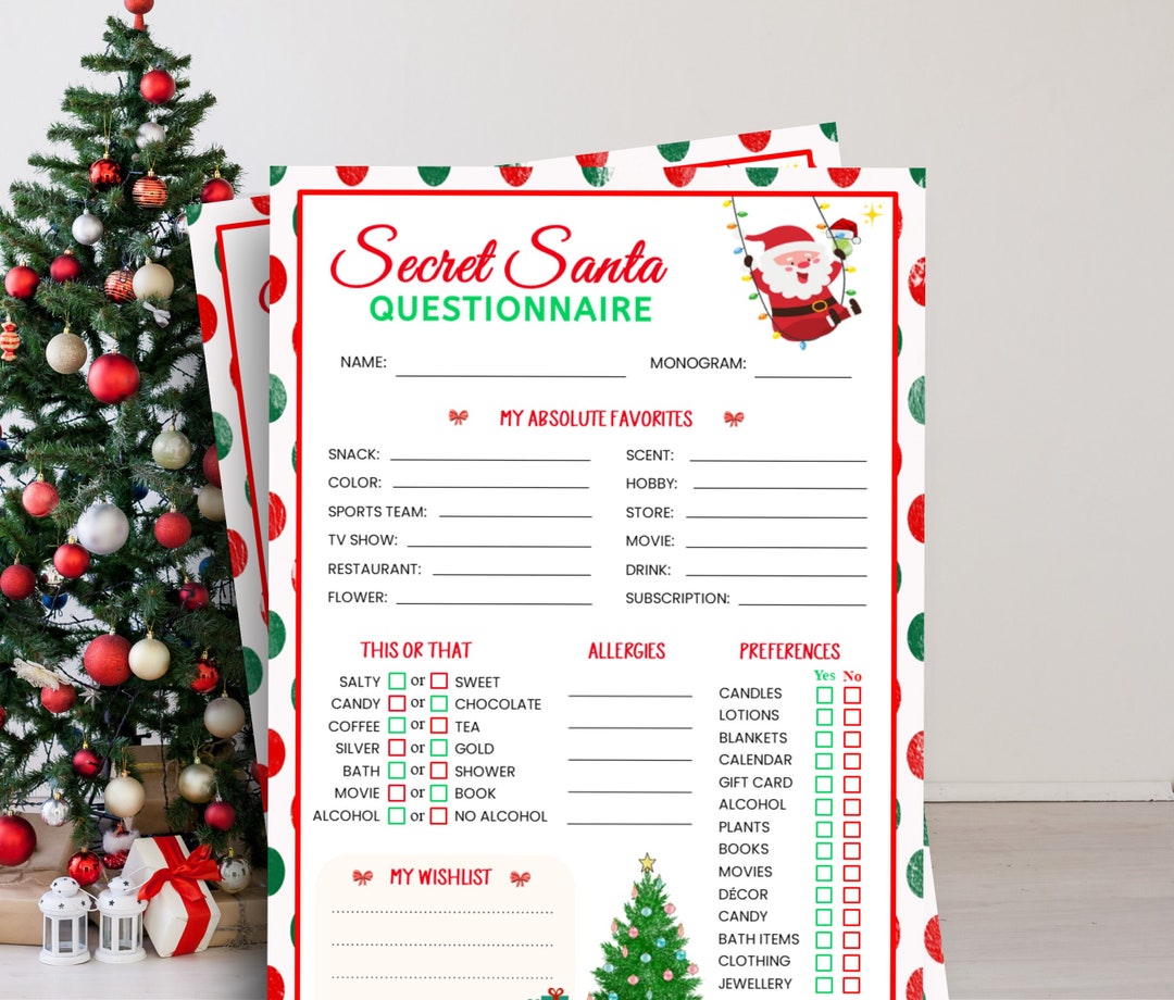 Secret Santa Questionnaire, Holiday Gift Exchange, Secret Santa Form ...