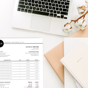 May include: A minimalist invoice from Wedding Boutique & Co. is displayed on a white surface, alongside a laptop, notebooks, and decorative cotton stems. The invoice includes fields for item descriptions, quantities, and prices. The design is clean and modern.