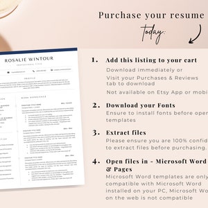 May include: A white resume template with a blue header and black text. The template is for a person named Rosalie Wintour. The text on the right side of the image says "Purchase your resume today." and provides instructions for downloading the resume template.