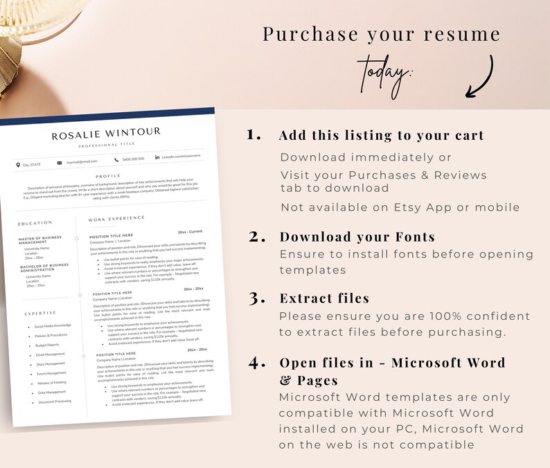 May include: A white resume template with a blue header and black text. The template is for a person named Rosalie Wintour. The text on the right side of the image says "Purchase your resume today." and provides instructions for downloading the resume template.