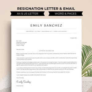 Pode incluir: Um modelo de carta de demissão em preto e branco com o título "Carta de demissão e e-mail" e o texto "A4 & US Letter" e "Word & Pages". A carta é dirigida a "Ms. Smith, Gerente de departamento, Recursos humanos, Heights College". A carta é assinada por "Emily Sanchez".
