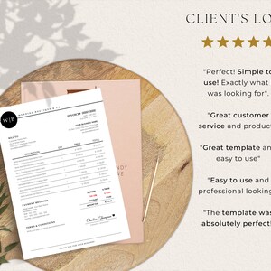 May include: A white invoice with black text, featuring a logo and sections for billing details, descriptions, and payment methods. The invoice is on a wooden surface with a pink envelope and a gold pen. Text includes "Client's Love" and customer testimonials.