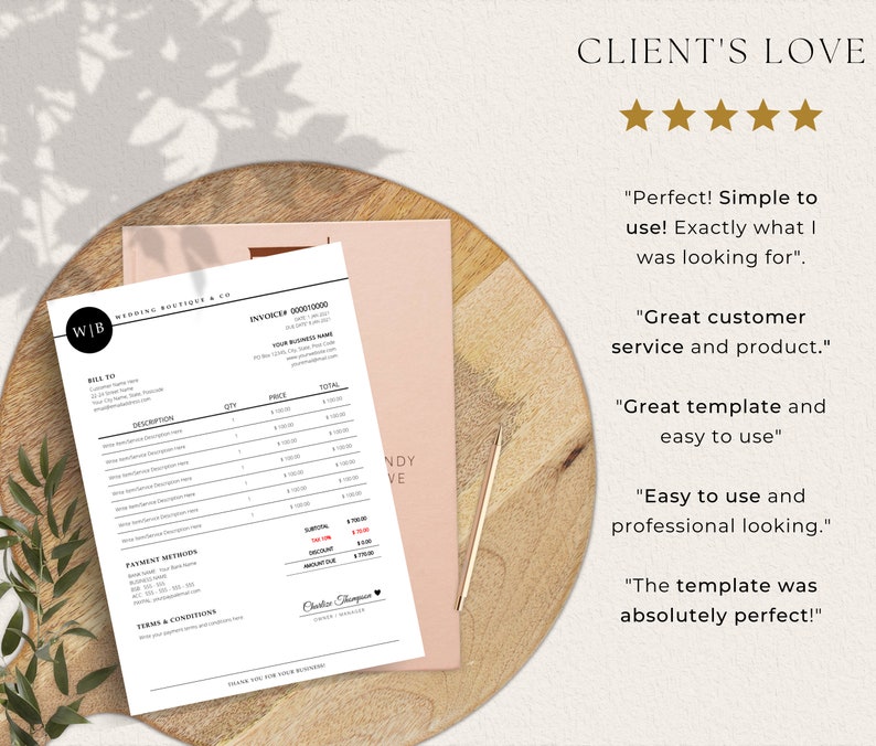 May include: A white invoice with black text, featuring a logo and sections for billing details, descriptions, and payment methods. The invoice is on a wooden surface with a pink envelope and a gold pen. Text includes "Client's Love" and customer testimonials.