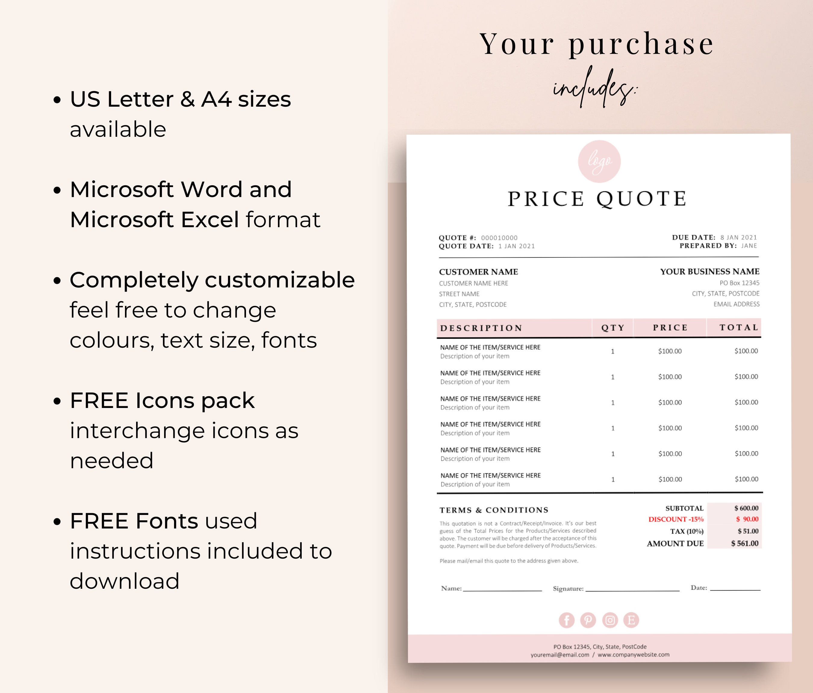 Quote Template, Editable Quotation Template, Quote Form, Small Business