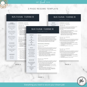 Peut inclure: Un mod&egrave;le de CV noir et blanc avec le titre "Mod&egrave;le de CV sur 3 pages" et le nom "Nathan Turner" en haut. Le mod&egrave;le comprend des sections pour les r&eacute;alisations professionnelles, l'exp&eacute;rience, l'exp&eacute;rience de b&eacute;n&eacute;volat, les langues, le d&eacute;veloppement professionnel, les comp&eacute;tences, l'&eacute;ducation, les r&eacute;compenses et les coordonn&eacute;es.