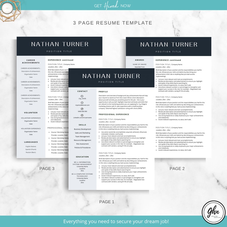 Peut inclure: Un mod&egrave;le de CV noir et blanc avec le titre "Mod&egrave;le de CV sur 3 pages" et le nom "Nathan Turner" en haut. Le mod&egrave;le comprend des sections pour les r&eacute;alisations professionnelles, l'exp&eacute;rience, l'exp&eacute;rience de b&eacute;n&eacute;volat, les langues, le d&eacute;veloppement professionnel, les comp&eacute;tences, l'&eacute;ducation, les r&eacute;compenses et les coordonn&eacute;es.