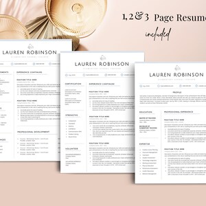 May include: A set of three white resume templates with black text, featuring the name Lauren Robinson and the title Elementary School Teacher. The documents include sections for profile, education, experience, and skills, with the text 1, 2 & 3 Page Resume included.