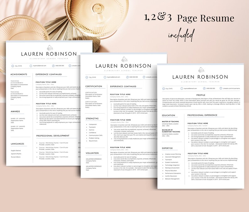 May include: A set of three white resume templates with black text, featuring the name Lauren Robinson and the title Elementary School Teacher. The documents include sections for profile, education, experience, and skills, with the text 1, 2 & 3 Page Resume included.