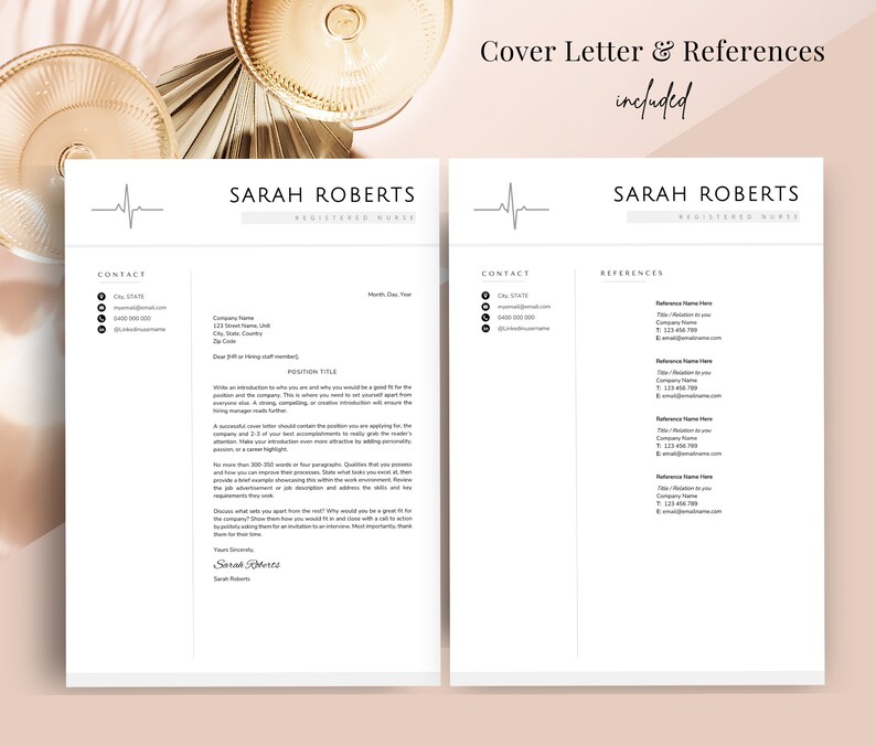 May include: A black and white cover letter template with a heart rate line graphic and the text "Cover Letter & References included". The template is designed for a registered nurse named Sarah Roberts.