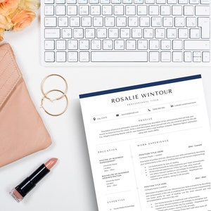 May include: A white resume template with a blue header bar. The resume is for Rosalie Wintour, who lists her professional title, email address, phone number, and LinkedIn profile. The resume includes sections for profile, education, work experience, and expertise.