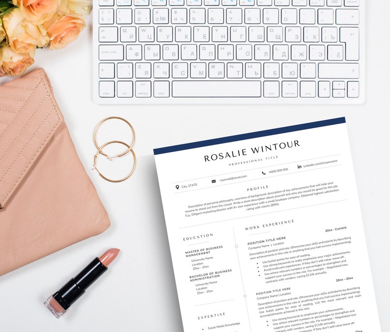 May include: A white resume template with a blue header bar. The resume is for Rosalie Wintour, who lists her professional title, email address, phone number, and LinkedIn profile. The resume includes sections for profile, education, work experience, and expertise.