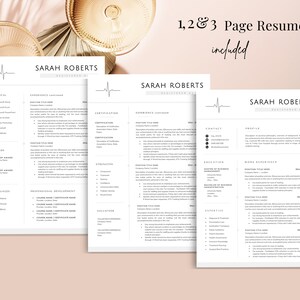 May include: A black and white resume template with a heartbeat graphic. The template includes sections for technical skills, awards, languages, professional development, certifications, strengths, volunteer experience, contact information, education, work experience, and expertise. The text "1, 2 & 3 Page Resume included" is at the top of the page.
