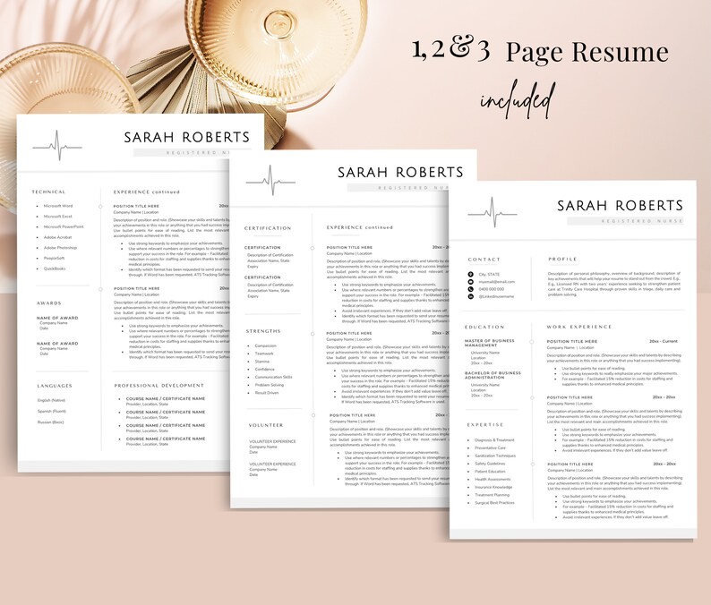 May include: A black and white resume template with a heartbeat graphic. The template includes sections for technical skills, awards, languages, professional development, certifications, strengths, volunteer experience, contact information, education, work experience, and expertise. The text "1, 2 & 3 Page Resume included" is at the top of the page.
