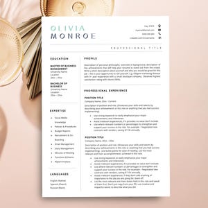 May include: A resume template featuring the name Olivia Monroe in teal and dark gray text. The document includes sections for profile, professional experience, education, expertise, and languages with placeholder text throughout.