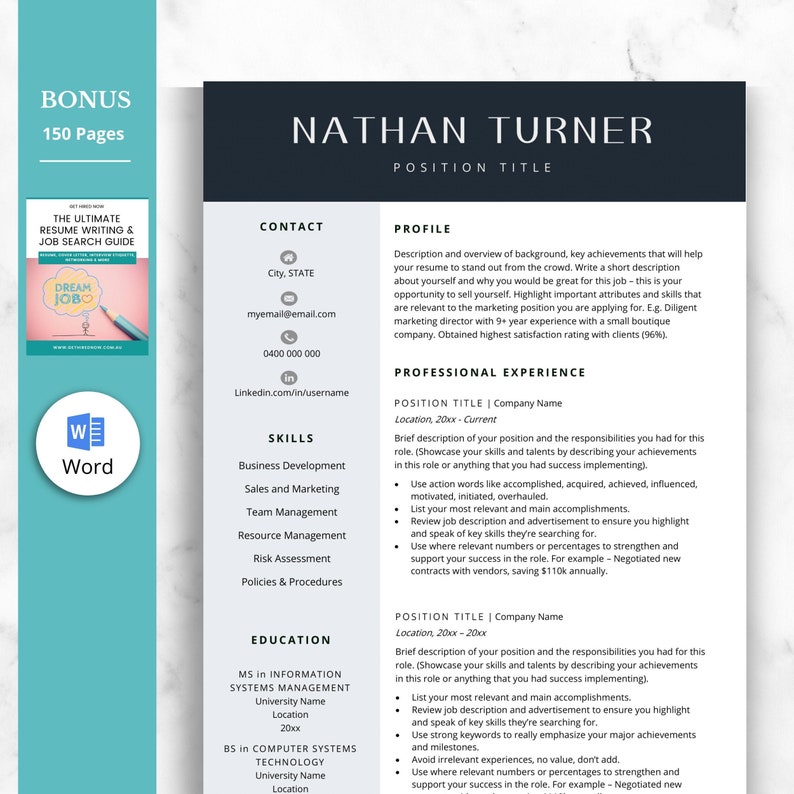 Peut inclure: Un mod&egrave;le de CV noir et blanc avec le titre "Nathan Turner" et le texte "Titre du poste". Le CV comprend des sections pour les coordonn&eacute;es, les comp&eacute;tences, la formation et l'exp&eacute;rience professionnelle.