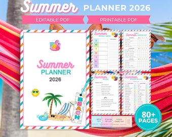 Sommerplaner 2026, bearbeitbare druckbare Sommerplanervorlage, Kinder-Sommerzeitplan, Kinder-Arbeitstabelle, Bucket List, Aktivitätsplaner