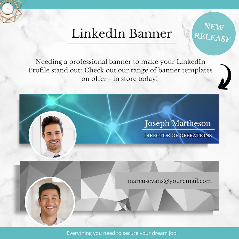 Peut inclure: Mod&egrave;le de banni&egrave;re LinkedIn avec un fond bleu et un r&eacute;seau de lignes blanches. La banni&egrave;re pr&eacute;sente une photo de profil d'un homme sur un fond blanc. Le texte "Joseph Mattheson" et "DIRECTOR OF OPERATIONS" est affich&eacute; sous la photo de profil. La banni&egrave;re comprend &eacute;galement un fond gris avec un motif g&eacute;om&eacute;trique et le texte "marcusevans@youremail.com". Le texte "Tout ce dont vous avez besoin pour d&eacute;crocher l'emploi de vos r&ecirc;ves !" est affich&eacute; sous la banni&egrave;re.