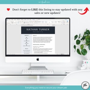 Peut inclure: Un &eacute;cran d'ordinateur affichant un mod&egrave;le de CV avec le texte "NATHAN TURNER" et "POSITION TITLE" en haut. Le mod&egrave;le de CV comprend des sections pour les coordonn&eacute;es, le profil, les comp&eacute;tences et l'exp&eacute;rience professionnelle. Le texte "GET Hired NOW" est en haut de l'image. Le texte "N'oubliez pas d'AIMER cette annonce pour rester au courant des ventes ou des nouvelles mises &agrave; jour !" est sous l'&eacute;cran de l'ordinateur. Le texte "Tout ce dont vous avez besoin pour d&eacute;crocher l'emploi de vos r&ecirc;ves !" est en bas de l'image.