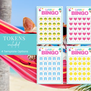 May include: Four printable summer bingo cards with different themes. The cards feature images of sunglasses, hearts, flip flops, and lemons. The text "Summer Bingo" is at the top of each card.