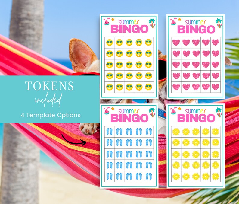May include: Four printable summer bingo cards with different themes. The cards feature images of sunglasses, hearts, flip flops, and lemons. The text "Summer Bingo" is at the top of each card.