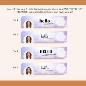 May include: Four LinkedIn banner templates with a light purple and white geometric design. Each banner features a headshot and the word "hello" with different phrases like "let's connect" and "nice to meet you!"