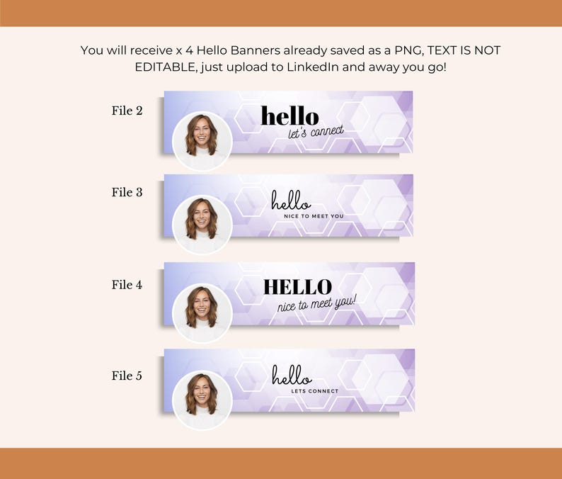 May include: Four LinkedIn banner templates with a light purple and white geometric design. Each banner features a headshot and the word "hello" with different phrases like "let's connect" and "nice to meet you!"