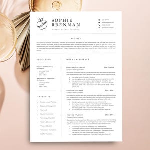 May include: A white resume template for a middle school teacher named Sophie Brennan. The document features a black apple icon with the word teacher inside, contact details, profile, education, work experience, and expertise sections.