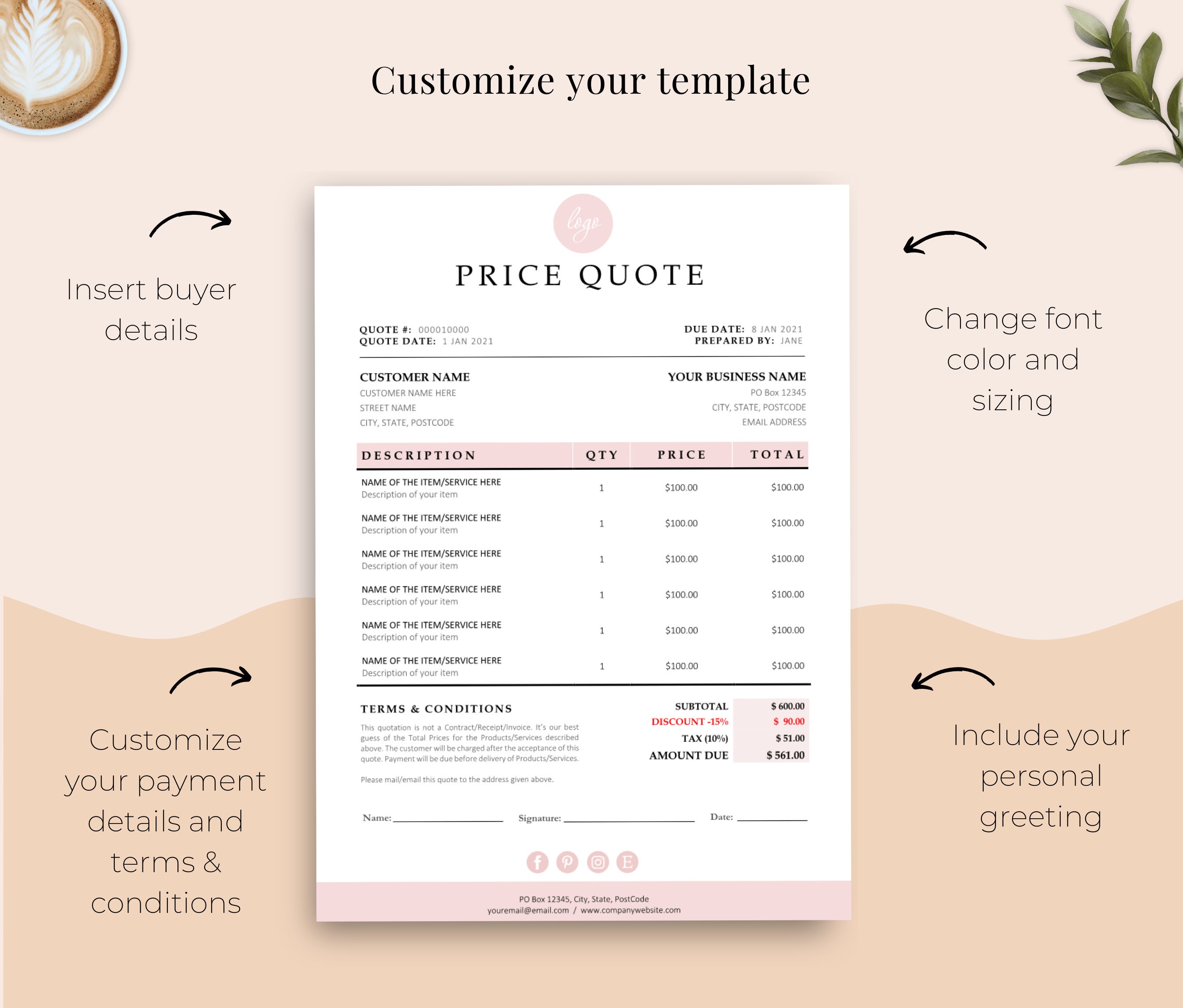 Quote Template, Editable Quotation Template, Quote Form, Small Business