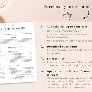 May include: A digital resume template document titled Lauren Robinson Elementary School Teacher with sections for profile, education, and experience, alongside a numbered list of instructions for downloading, font installation, and file extraction.