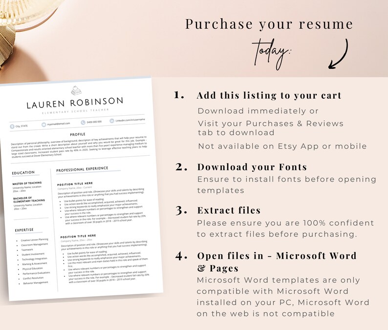 May include: A digital resume template document titled Lauren Robinson Elementary School Teacher with sections for profile, education, and experience, alongside a numbered list of instructions for downloading, font installation, and file extraction.