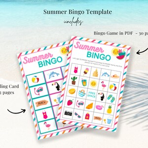 May include: A printable summer bingo game template with 30 bingo cards and a calling card. The bingo cards feature summer-themed images like a flamingo, sunglasses, a beach bag, and a pineapple. The calling card has instructions for playing the game.