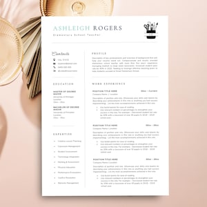 May include: A resume template for an elementary school teacher named Ashleigh Rogers. The document features sections for contact information, profile, education, work experience, and expertise, with a pencil holder icon at the top right.