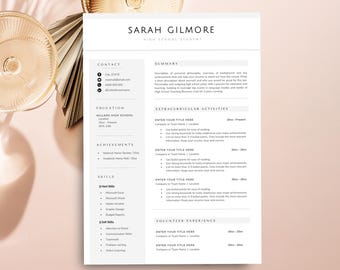 May include: A white resume template featuring the name Sarah Gilmore at the top, with sections for contact, education, achievements, skills, summary, extracurricular activities, and volunteer experience in a clean, black-text layout.