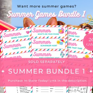 May include: A pink and white banner with the text "Summer Games Bundle 1" and a graphic of a dog wearing a pink and white striped hammock. The banner is surrounded by smaller pink and white banners with the text "Summer" and various summer-themed games. The text "20 Games" is in a pink circle.