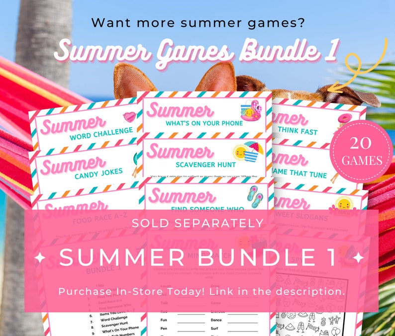 May include: A pink and white banner with the text "Summer Games Bundle 1" and a graphic of a dog wearing a pink and white striped hammock. The banner is surrounded by smaller pink and white banners with the text "Summer" and various summer-themed games. The text "20 Games" is in a pink circle.