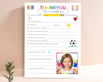 All About My Teacher Printable, Teacher Appreciation Week Template, Teacher Questionnaire, End of School Gift, Teacher Appreciation Template