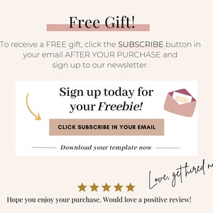 May include: A promotional graphic with text that reads "Free Gift!" and "Sign up today for your Freebie!" The graphic includes an illustration of an envelope and a call to action to subscribe via email. The background is a soft beige color.