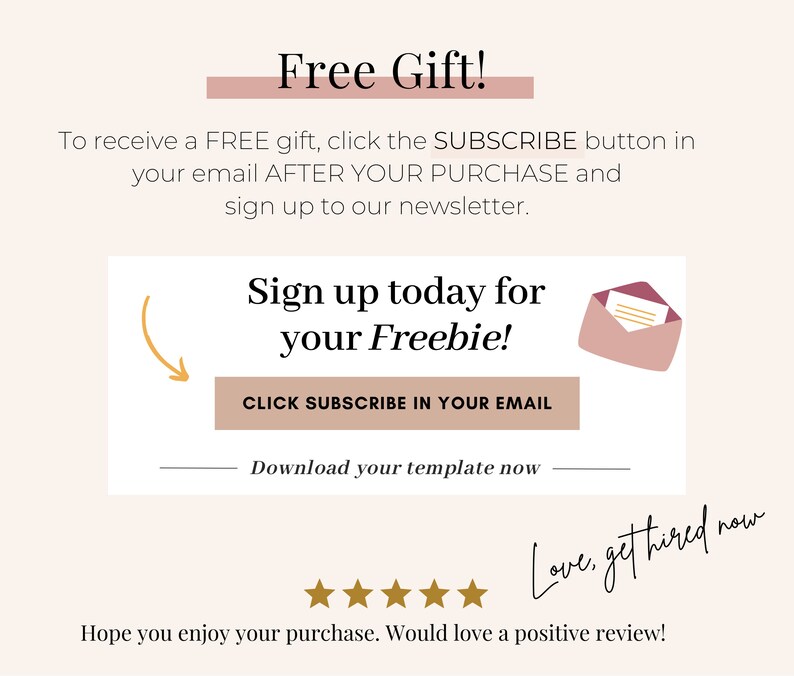 May include: A promotional graphic with text that reads "Free Gift!" and "Sign up today for your Freebie!" The graphic includes an illustration of an envelope and a call to action to subscribe via email. The background is a soft beige color.