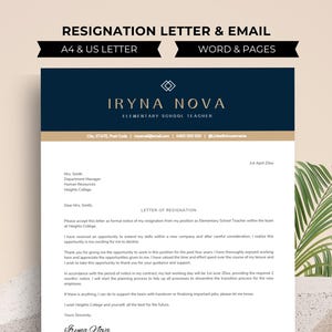 Peut inclure: Un modèle de lettre de démission formelle dans un schéma de couleurs bleu et or. La lettre est adressée à Mme Smith, directrice du département, ressources humaines du Heights College. La lettre est datée du 1er avril 20xx et est signée par Iryna Nova, enseignante d'école primaire.