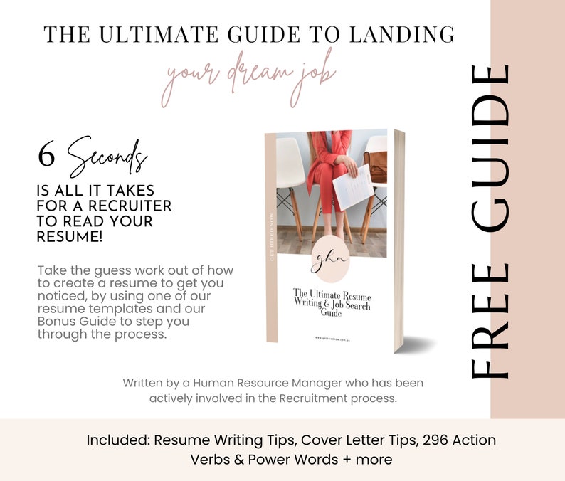 May include: A pink and white graphic with the text "THE ULTIMATE GUIDE TO LANDING your dream job" and "6 Seconds IS ALL IT TAKES FOR A RECRUITER TO READ YOUR RESUME!"  The graphic also includes a picture of a woman sitting on a chair with a book in her lap. The book cover has the text "The Ultimate Resume Writing & Job Search Guide". The graphic also includes the text "FREE GUIDE" and "Included: Resume Writing Tips, Cover Letter Tips, 296 Action Verbs & Power Words + more".
