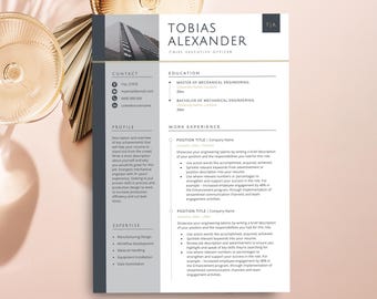 May include: A professional resume template featuring a dark gray sidebar with contact, profile, and expertise sections. The main area includes headers for education and work experience, with placeholder text for Tobias Alexander.