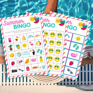 May include: Three colorful summer bingo cards with images of sunglasses, flip flops, a watermelon, a pineapple, a beach bucket, a flamingo, a camera, a straw hat, a beach ball, a cactus, a glass of lemonade, a life preserver, a strawberry, a popsicle, a sandcastle, a dolphin, a toucan, and a pair of sunglasses. The text on the cards reads "Summer Bingo" and "Let's get summer started! Find these summer items, the first person to mark 5 in a row wins!"