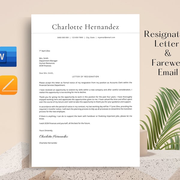 Resignation Letter Template, Microsoft Word & Pages Template, Letter of Resignation, 2 Weeks Notice Letter Resignation Template