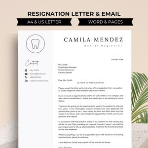 May include: A black and white resignation letter template for a dental hygienist. The letter includes a contact section with an email address, phone number, and LinkedIn profile. The letter is addressed to Mrs. Smith, Department Manager of Human Resources at Enhance Dental. The letter is dated 1st April 20xx.