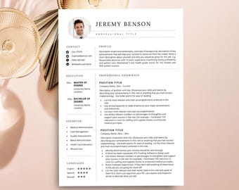 May include: A professional resume template featuring a clean white layout with black text. It includes a circular headshot placeholder for Jeremy Benson, sections for contact, profile, education, expertise, languages, and professional experience.