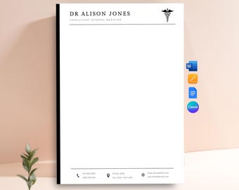 Könnte beinhalten: Eine weiße Briefkopfvorlage mit einem schwarzen vertikalen Rand auf der linken Seite. Der Kopfbereich zeigt den Text DR ALISON JONES, CONSULTANT GENERAL MEDICINE und ein Caduceus-Symbol. Die Fußzeile enthält Kontakt-Icons und Platzhaltertext.