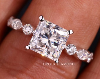 2.15 CT Princess Cut Moissanite Ring, Milgrain Marquise & Dot Ring, White Gold Ring, 4 Prong Wedding Ring, Anniversary Ring, Handmade Ring